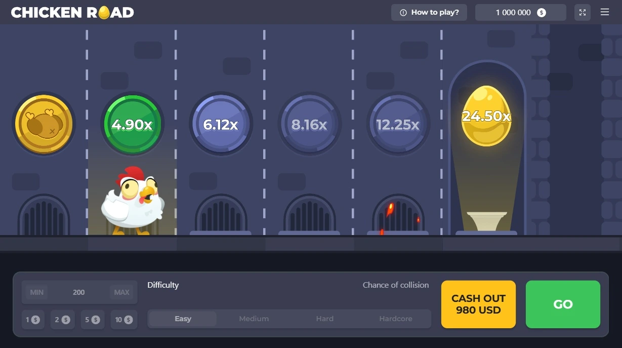 Captura de pantalla de la jugabilidad de Chicken Road con la gallina esquivando trampas